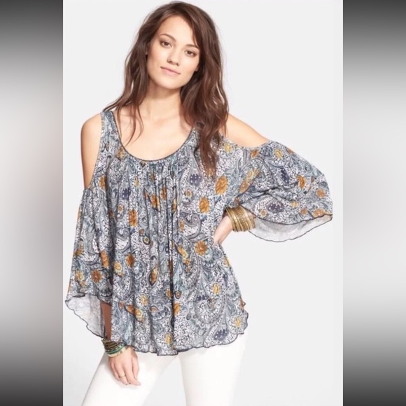 Free People Floral Paisley Cold Shoulder Blouse Top - Picture 3 of 14